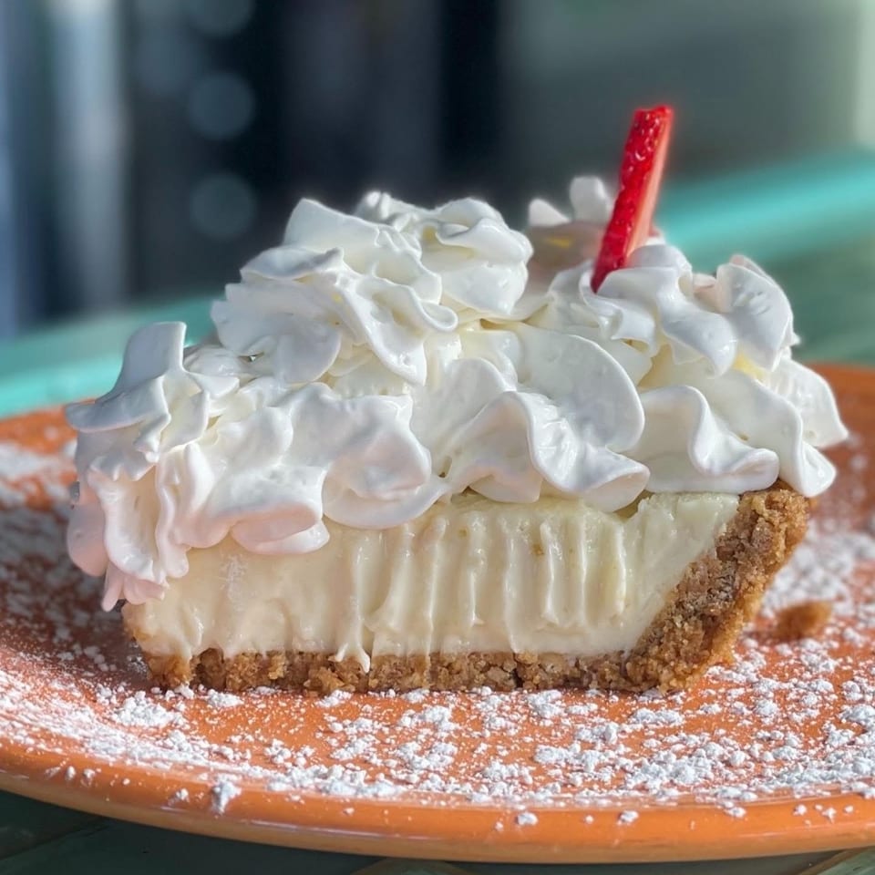 Slice of Key lime pie with whipped cream and a strawberry on an orange plate dusted with powdered sugar.