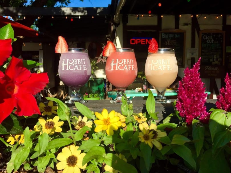 Three colorful Hobbit Cafe drinks with strawberry garnishes, framed by vibrant flowers on a sunny patio.